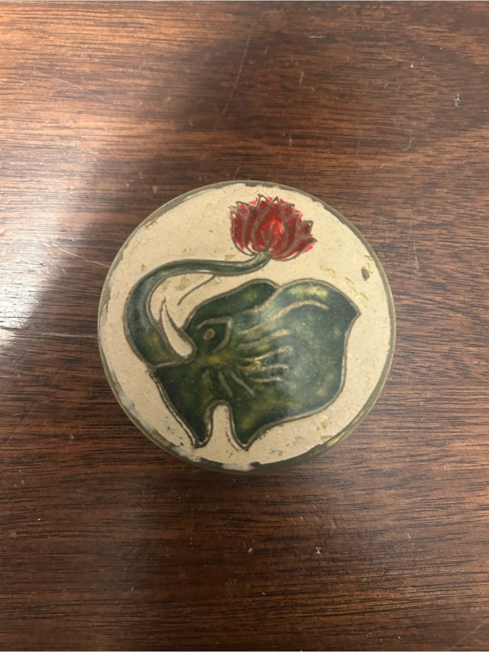 Vintage Handcrafted Green Elephant Ceramic Trinket Box with Red Lotus
